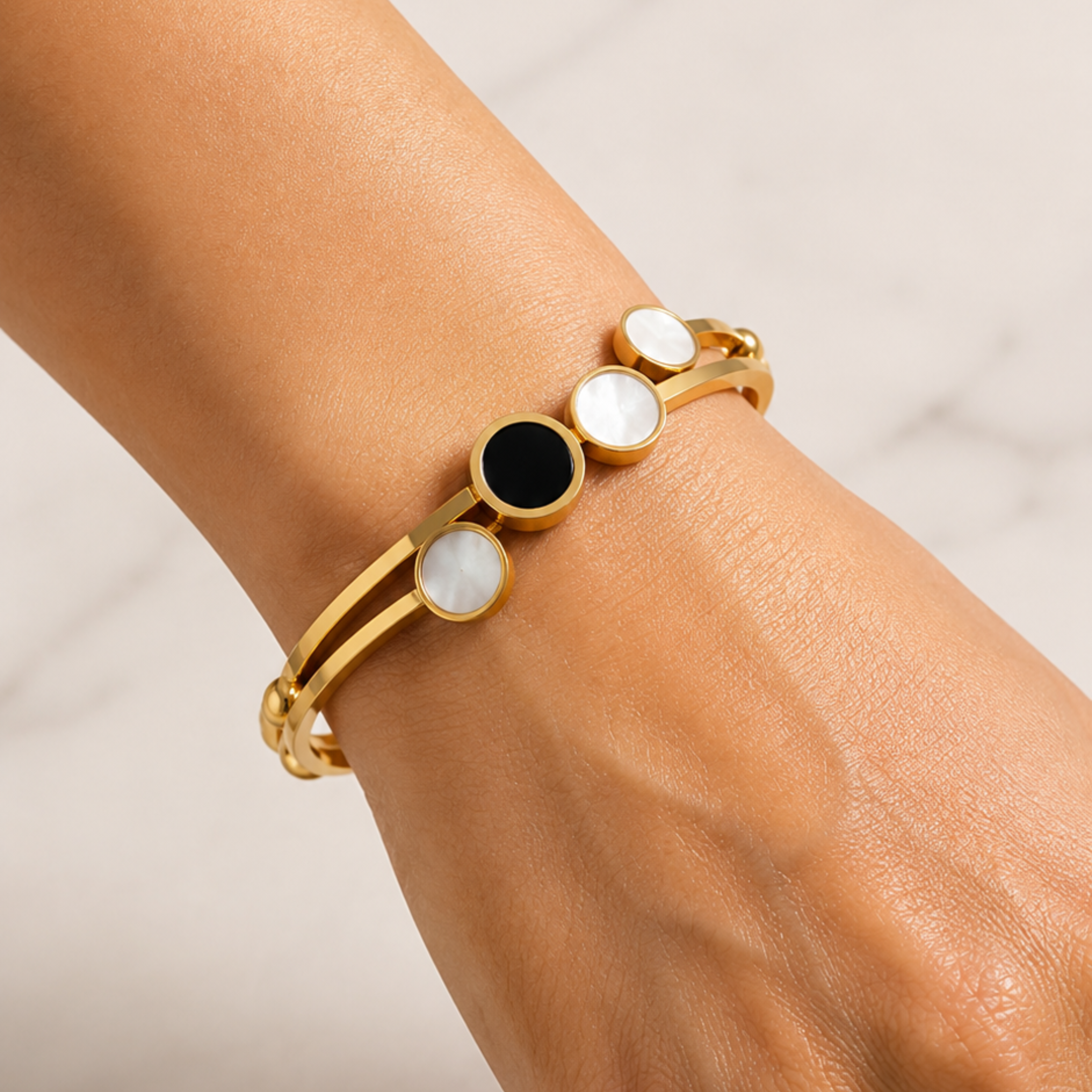 Gold Plated Onyx & Pearl Bar Bangle