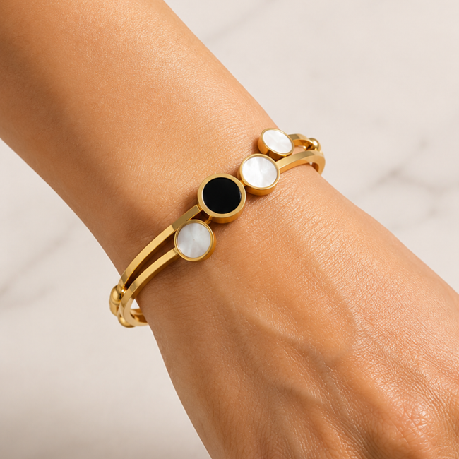 Gold Plated Onyx & Pearl Bar Bangle