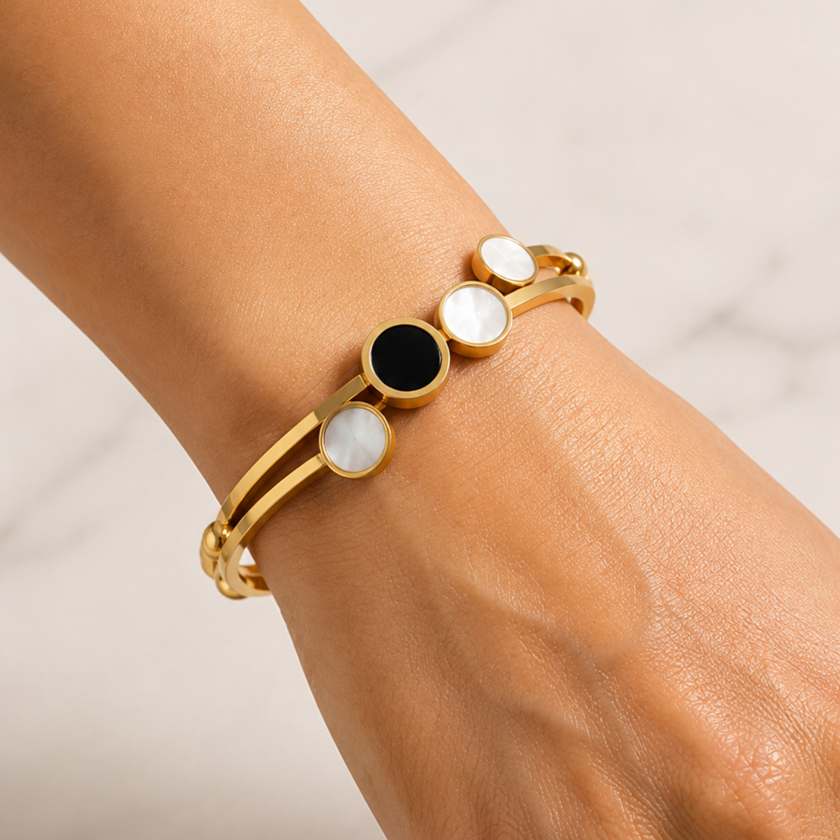 Gold Plated Onyx & Pearl Bar Bangle