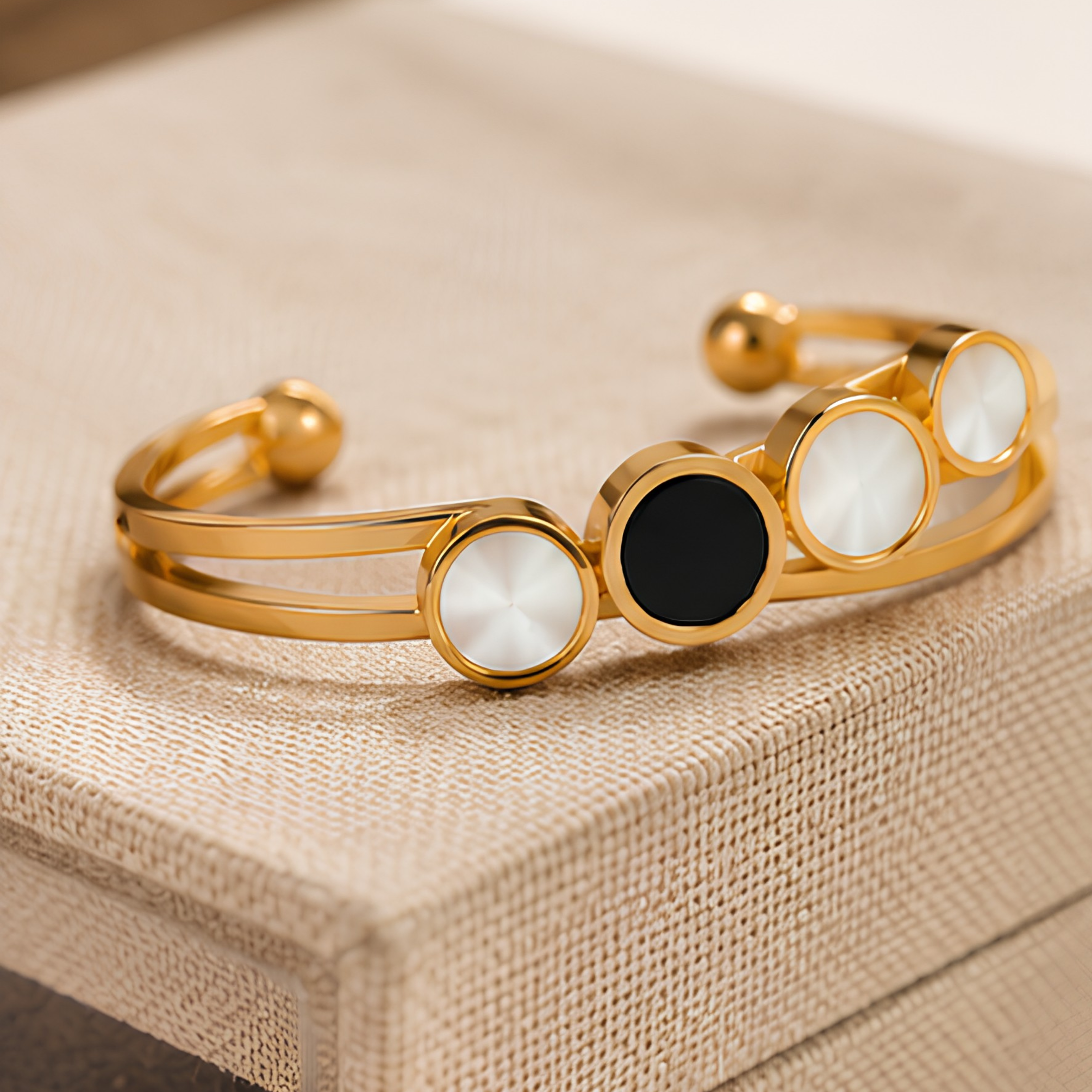 Gold Plated Onyx & Pearl Bar Bangle